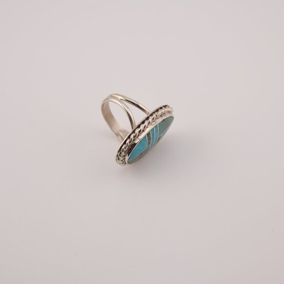 Navajo Sonoran and AZ Blue Turquoise Inlay Ring‎ Signed Handmade NA Sz 8.25US** - Picture 8 of 14